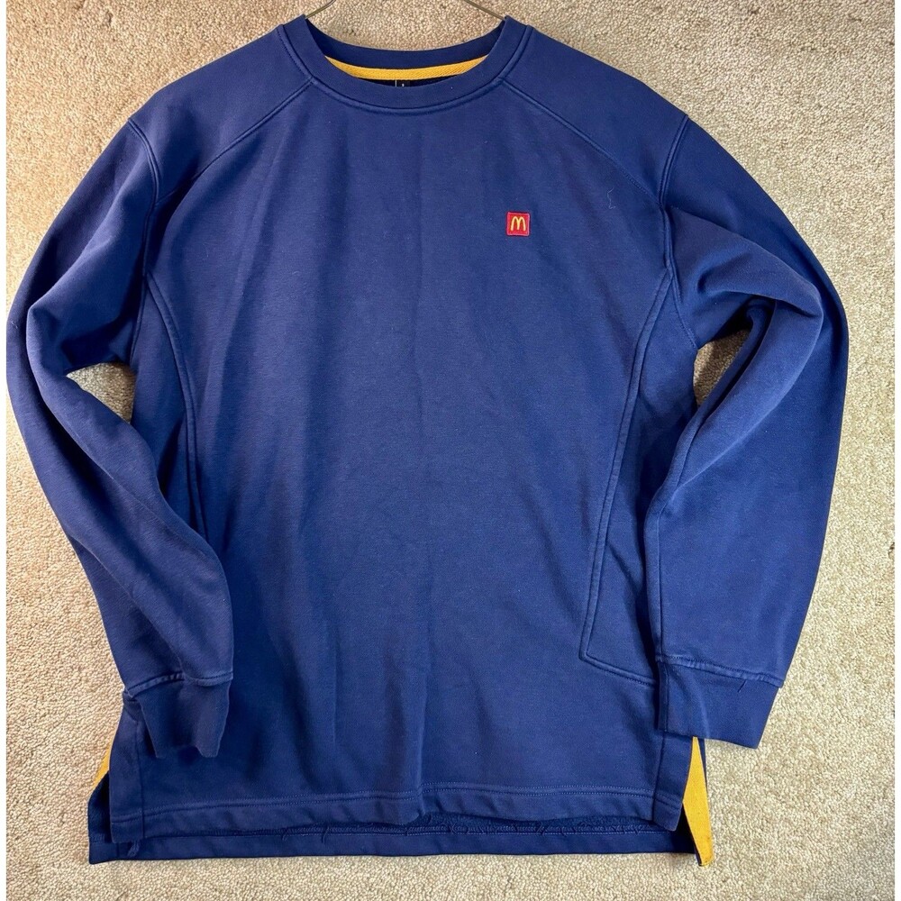 McDonalds Employee Sweatshirt Men Small Navy Fleece Lined Rubber Stamp Crew Neck